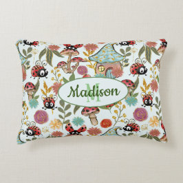 Cute Whimsical Ladybugs Mushroom Flowers Monogram Prydnadskudde