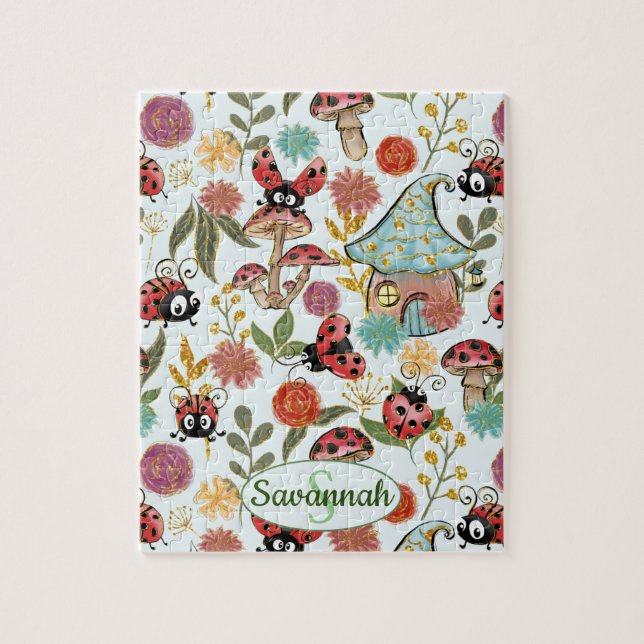 Cute Whimsical Ladybugs Mushroom Flowers Monogram Pussel (Vertikal)