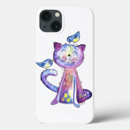 Cute Whimsical Lila Cat with Birds