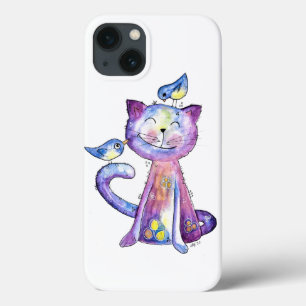 Cute Whimsical Lila Cat with Birds