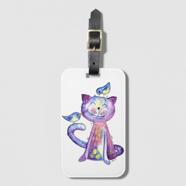 Cute Whimsical Lila Cat with Birds Bagagebricka (Framsida vertikal)