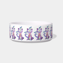 Cute Whimsical Lila Cat with Birds Bowl