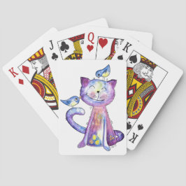 Cute Whimsical Lila Cat with Birds Casinokort
