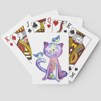 Cute Whimsical Lila Cat with Birds Casinokort