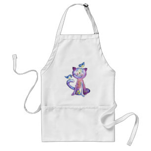 Cute Whimsical Lila Cat with Birds Förkläde