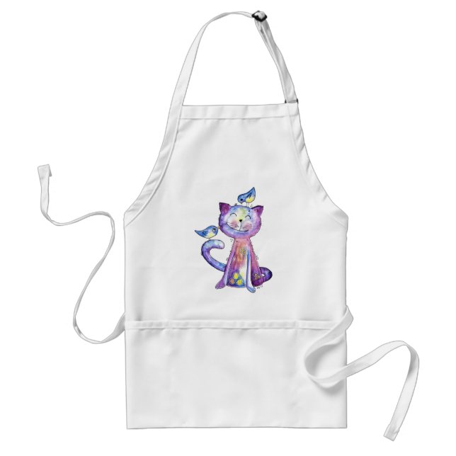 Cute Whimsical Lila Cat with Birds Förkläde (Framsidan)