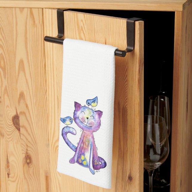 Cute Whimsical Lila Cat with Birds Kökshandduk (Thirds Fold)