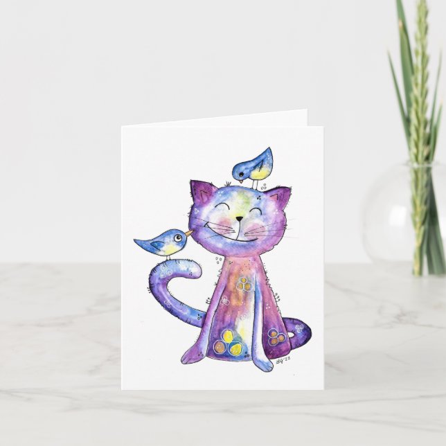 Cute Whimsical Lila Cat with Birds Kort (Framsida)