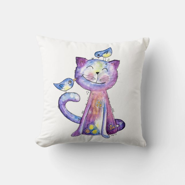 Cute Whimsical Lila Cat with Birds Kudde (Framsida)