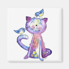 Cute Whimsical Lila Cat with Birds Magnet