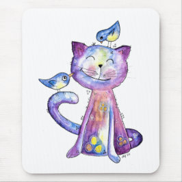 Cute Whimsical Lila Cat with Birds Musmatta