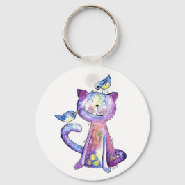 Cute Whimsical Lila Cat with Birds Nyckelring