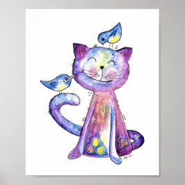 Cute Whimsical Lila Cat with Birds Poster