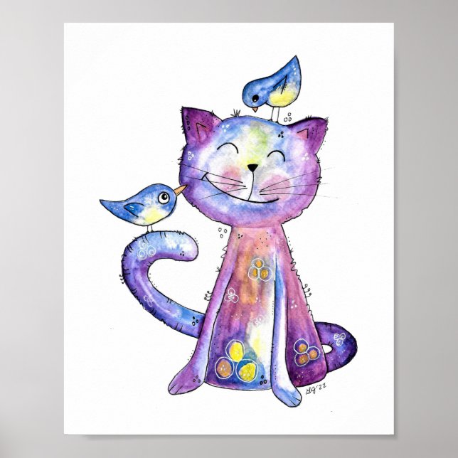 Cute Whimsical Lila Cat with Birds Poster (Framsidan)