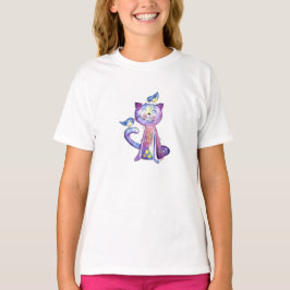 Cute Whimsical Lila Cat with Birds T Shirt