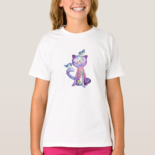 Cute Whimsical Lila Cat with Birds T Shirt (Framsida)