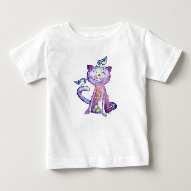 Cute Whimsical Lila Cat with Birds T Shirt (Framsida)