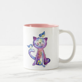 Cute Whimsical Lila Cat with Birds Två-Tonad Mugg