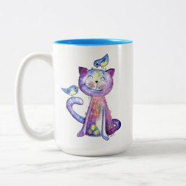 Cute Whimsical Lila Cat with Birds Två-Tonad Mugg