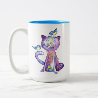 Cute Whimsical Lila Cat with Birds Två-Tonad Mugg