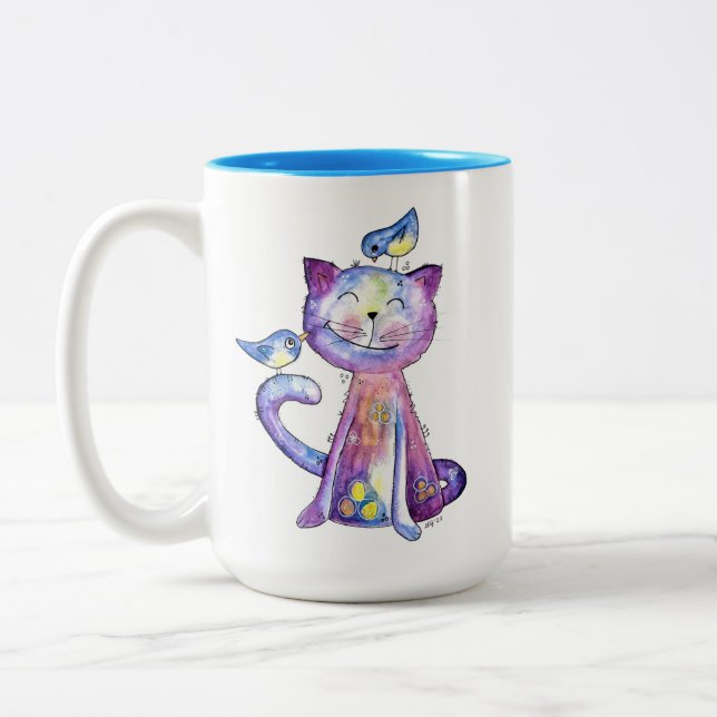 Cute Whimsical Lila Cat with Birds Två-Tonad Mugg (Vänster)