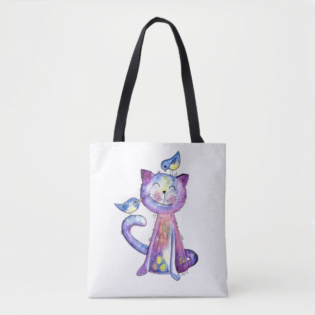 Cute Whimsical Lila Cat with Birds Tygkasse (Framsida)