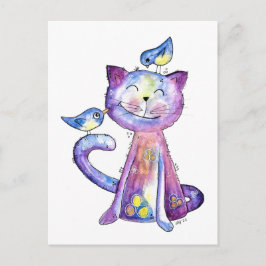 Cute Whimsical Lila Cat with Birds Vykort