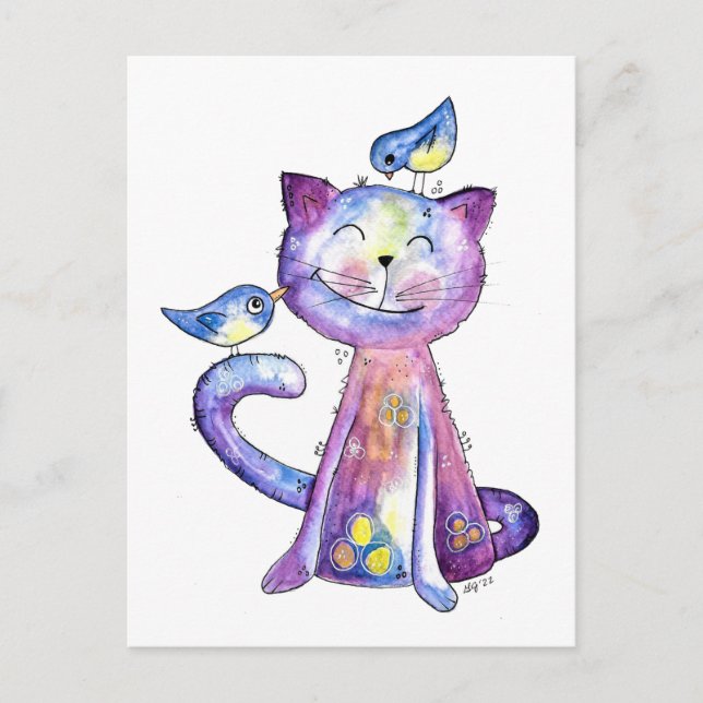 Cute Whimsical Lila Cat with Birds Vykort (Framsida)