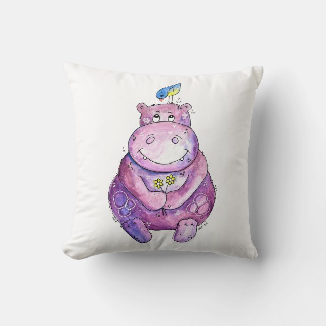 Cute Whimsical Lila Hippo Kudde (Framsida)