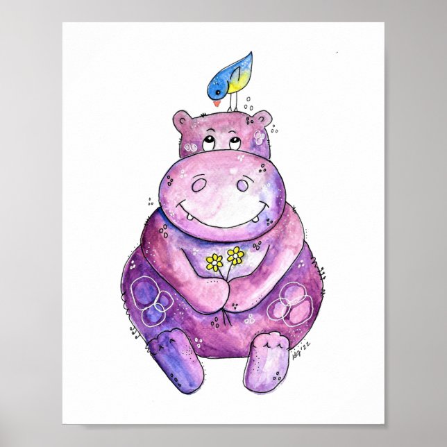 Cute Whimsical Lila Hippo Poster (Framsidan)