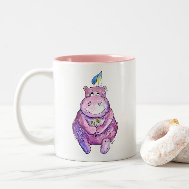 Cute Whimsical Lila Hippo Två-Tonad Mugg (Med munk)
