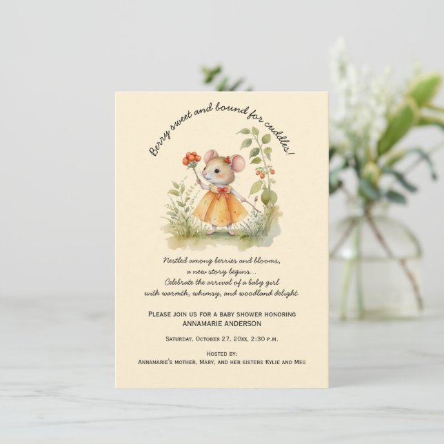 Cute Whimsical Little Mouse in Garden Baby Shower Inbjudningar (Stående Fram)