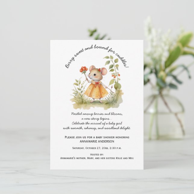 Cute Whimsical Little Mouse in Garden Baby Shower Inbjudningar (Stående Fram)