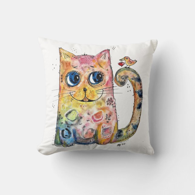 Cute Whimsical Lycklig Cat med fåglar Kudde (Framsida)
