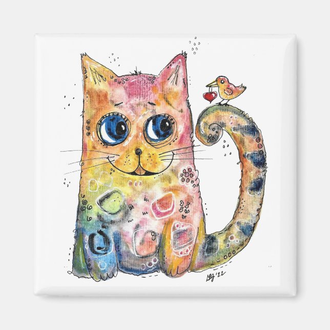 Cute Whimsical Lycklig Cat med fåglar Magnet (Framsidan)