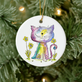 Cute Whimsical Lycklig Cat med Gula blommor Julgransprydnad Keramik
