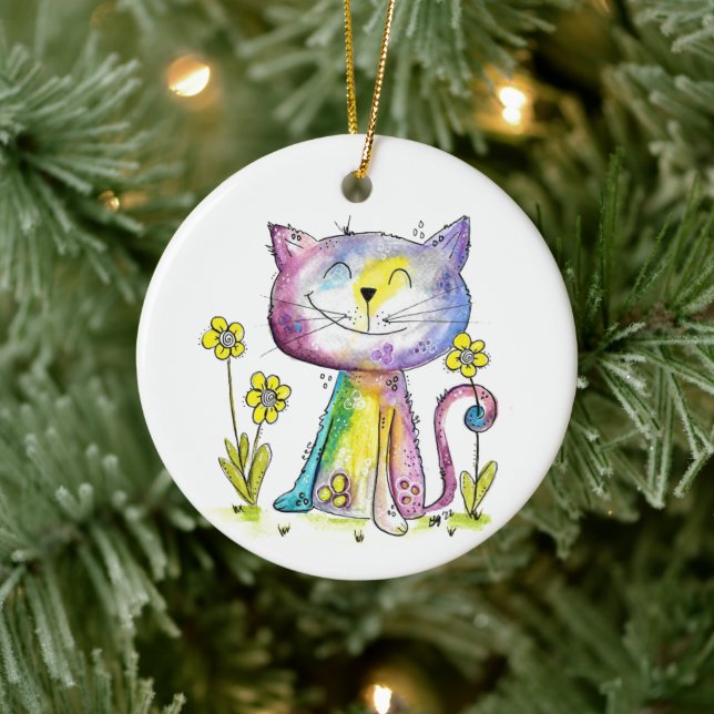Cute Whimsical Lycklig Cat med Gula blommor Julgransprydnad Keramik (Träd)
