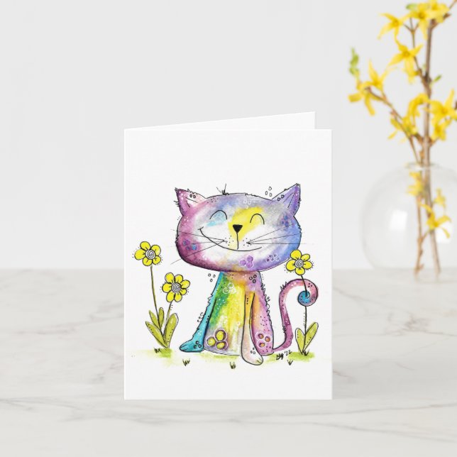 Cute Whimsical Lycklig Cat med Gula blommor Kort (Gul blomma)