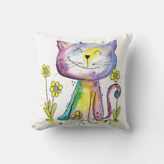 Cute Whimsical Lycklig Cat med Gula blommor Kudde