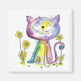 Cute Whimsical Lycklig Cat med Gula blommor Magnet