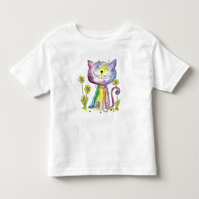 Cute Whimsical Lycklig Cat med Gula blommor T Shirt (Framsida)