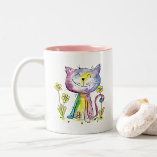 Cute Whimsical Lycklig Cat med Gula blommor Två-Tonad Mugg