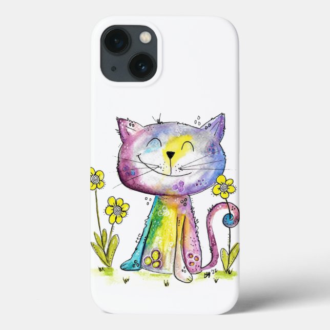 Cute Whimsical Lycklig Cat med Gult Flower (Baksida)