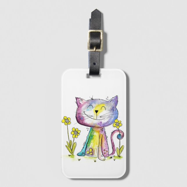 Cute Whimsical Lycklig Cat med Gult Flower Bagagebricka (Framsida vertikal)