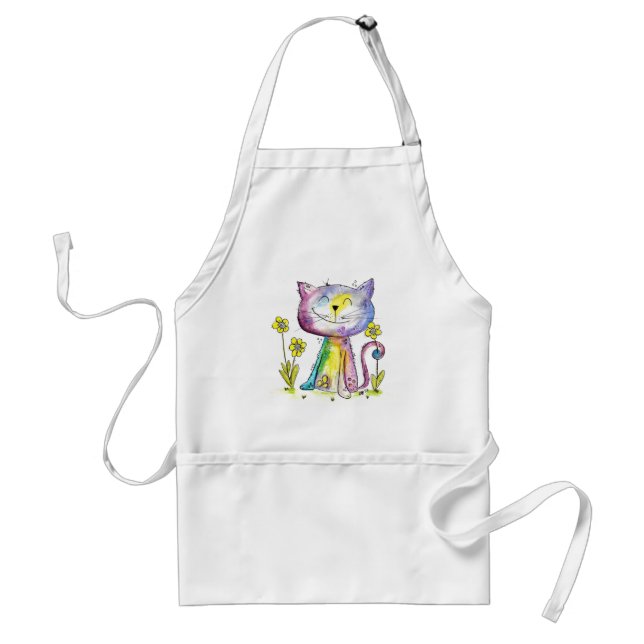 Cute Whimsical Lycklig Cat med Gult Flower Förkläde (Framsidan)