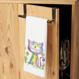 Cute Whimsical Lycklig Cat med Gult Flower Kökshandduk