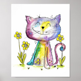 Cute Whimsical Lycklig Cat med Gult Flower Poster