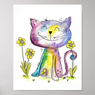 Cute Whimsical Lycklig Cat med Gult Flower Poster