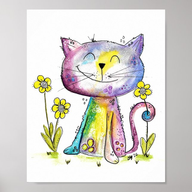 Cute Whimsical Lycklig Cat med Gult Flower Poster (Framsidan)