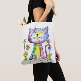 Cute Whimsical Lycklig Cat med Gult Flower Tygkasse